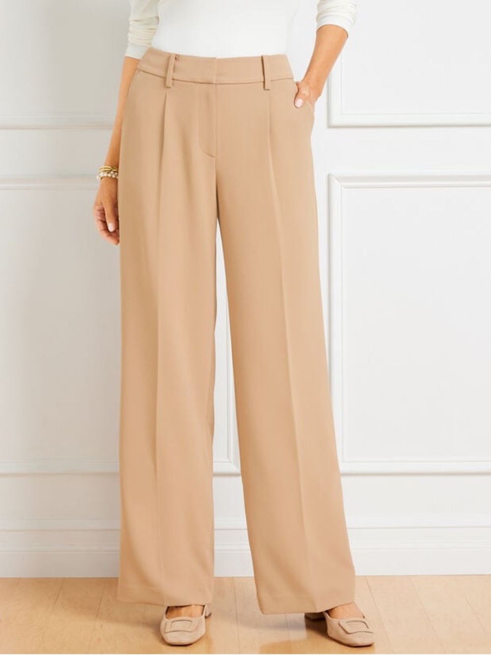 Talbots Weston Pant Women 10P Tan NEW High Waist Wide Leg Trousers Office Chic